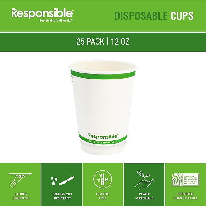 12 oz Double Wall Insulated Paper Coffee Cups (25 Count) – Smooth Wall Insulated To Go Coffee Cups - Natural White, Compostable, Eco-Friendly, Disposable Hot Beverage Cups