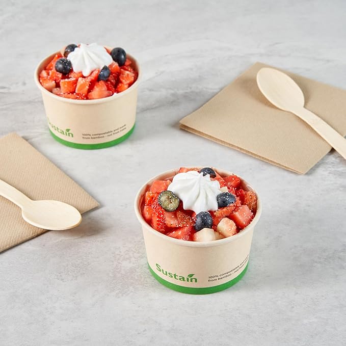 Restaurantware-Sustain 5 Ounce Paper Soup Containers, 50 Disposable Ice Cream Cups - Lids Sold Separately, With PLA lining, Bamboo To Go Hot Soup Bowls, Compostable, Greaseproof