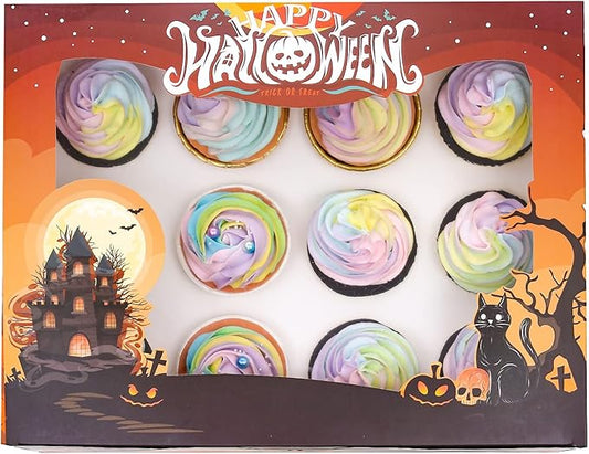 qiqee 12 Cupcake Boxes with Window 16 Packs Halloween Cupcake Box 13"x10"x3.5" Cupcakes Carrier,12 Cupcake Containers For Halloween