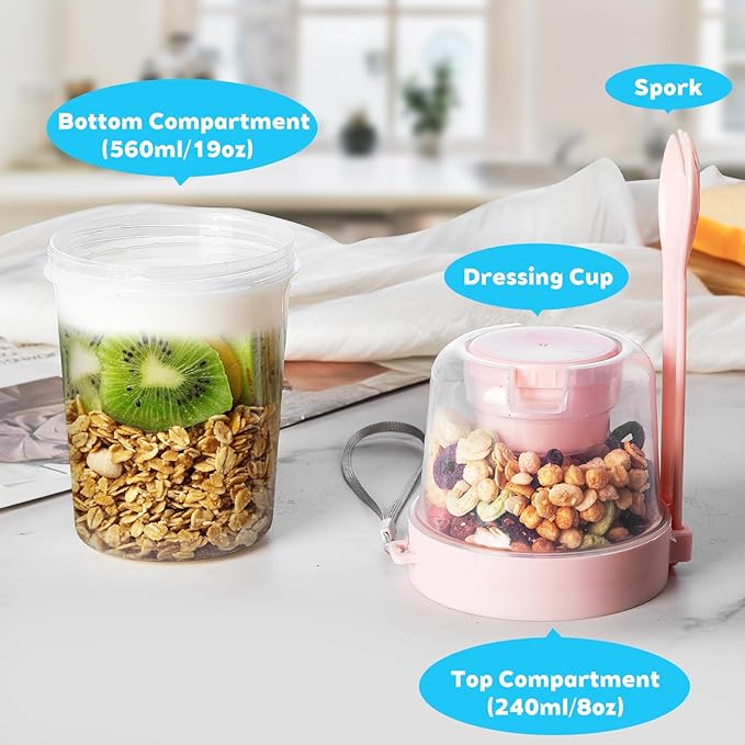 TINSKY 4 Pack 27oz Yogurt Parfait Cups with Lids and Spoons, Overnight Oats Containers, Reusable Topping Compartment for Breakfast with Yogurt, Cereal or Oatmeal On-the-Go