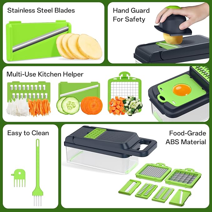 HomeHacks Vegetable Chopper Vegetable Cutter, 12 in 1 Multi-Functional Kitchen Gadget Set - Dicer, Slicer, Cutter, Julience, Cheese Grater, Egg Separator, Hand Guard - Veggie Chopper Lid with Handle
