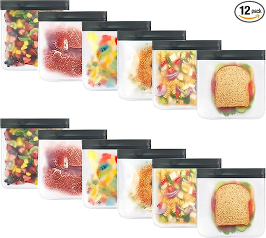 12-Pack Medium Reusable Food Storage Bags (Sandwich Size 9x6) – Premium Eco-Friendly, Leakproof, BPA-Free Ziplock Bags for Meal Prep, Freezer Storage, and Travel Essentials