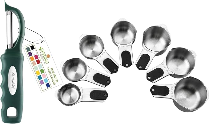 Spring Chef Premium Swivel Vegetable Peeler, Pine Green & Stainless Steel Magnetic Measuring Cups, Set of 7, Black - 2 Product Bundle