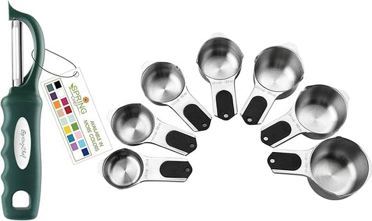 Spring Chef Premium Swivel Vegetable Peeler, Pine Green & Stainless Steel Magnetic Measuring Cups, Set of 7, Black - 2 Product Bundle