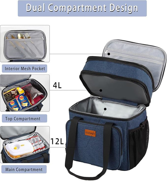 Expandable Large Lunch Box, Insulated Heavy Duty Lunch Bag Waterproof Leakproof Durable Cooler Bag for Men Women Adults Work Construction Camping Trip, 16L, Blue, GLENKEY