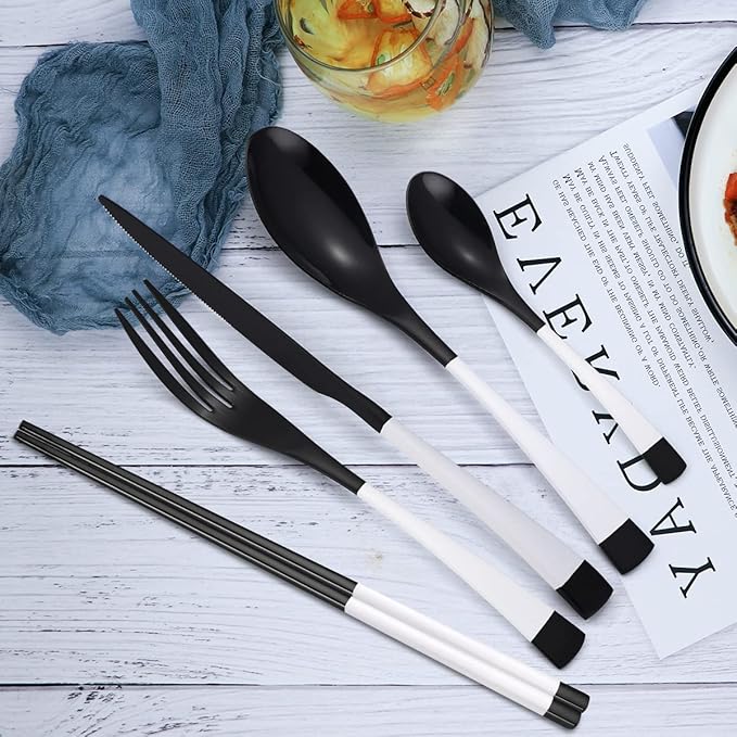 AARAINBOW 7 Pieces Stainless Steel Flatware Set Portable Reusable Cutlery Set Travel Utensils Set Including Chopsticks Knife Fork Spoon Straws Cleaning Brush Dishwasher Safe (K-Black white)