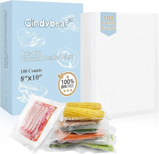 100pcs Vacuum Sealer Bags, Quart 8" x 10" Food Saver Bags, Pre-cut Commercial Grade Vac Bags for Food Storage, BPA Free, Heavy Duty, Meal Prep or Sous Vide Cooking