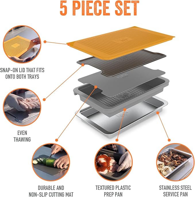 PREP ‘N Serve Premium Set™ - Plastic Container with Lid for Marinades, Stainless Steel Serving Tray, Aluminum Defrosting Tray, and a Plastic Cutting Board - The Ultimate BBQ Food Prep Utensil Set