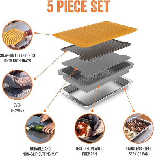 PREP ‘N Serve Premium Set™ - Plastic Container with Lid for Marinades, Stainless Steel Serving Tray, Aluminum Defrosting Tray, and a Plastic Cutting Board - The Ultimate BBQ Food Prep Utensil Set