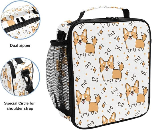 Pfrewn Corgi Dog Lunch Box Yellow Puppies Insulated Lunch Bag Cute Star Dogs Bone Reusable Cooler Meal Prep Bags Lunch Tote with Shoulder Strap for Office Adults School Kids Girls Boys Teens
