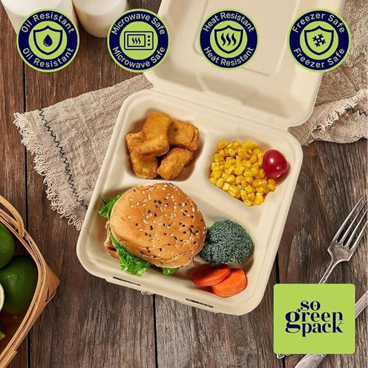 sogreenpack Disposable Clamshell 8x8 with 3 Compartments - 50 Packs Take-Out Container Bagasse Biodegradable & Eco-Friendly To Go Container for Food, 100% Compostable
