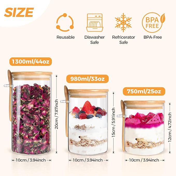Airtight Glass Jars with Bamboo Lids and Spoon, Overnight Oats Jars, Glass Kitchen Canisters,Glass Food Storage Jars for Coffee, Sugar, Tea, Flour(3 Pack)