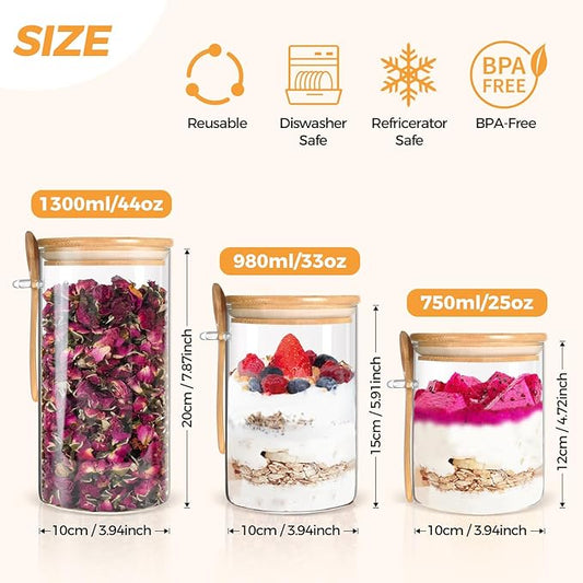 Airtight Glass Jars with Bamboo Lids and Spoon, Overnight Oats Jars, Glass Kitchen Canisters,Glass Food Storage Jars for Coffee, Sugar, Tea, Flour(3 Pack)