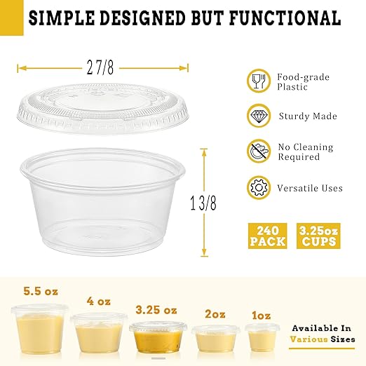 VITEVER [240 Sets - 3.25 oz ] Portion Cups With Lids, Small Plastic Containers with Lids, Airtight and Stackable Souffle Cups, Jello Shot Cups, Sauce Cups, Condiment Cups for Lunch, Party, Trips