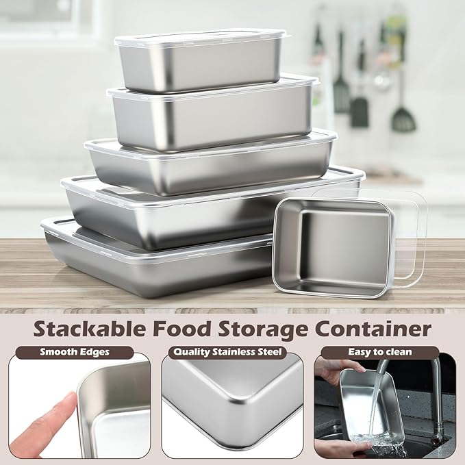12 Pcs Stainless Steel Food Storage Containers with Lids, Family Size Metal Lunch Bento Box Reusable Stackable Meal Prep Container for Kitchen Picnic Travel, Freezer& Dishwasher Safe