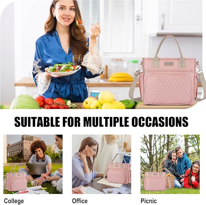 Large Women Lunch Bags for Work/Insulated Adult Lunch Box for Women/Durable Nylon Thermal Lunchbox for Womens/Leakproof Cooler Tote Bag with Storage Pocket (pink with cotton strap)