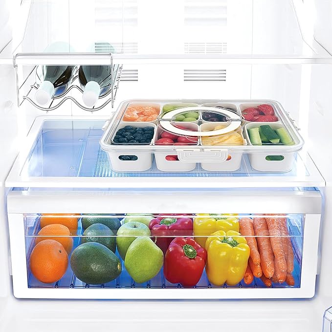 Snackle Box Container, 8 Compartments Divided Serving Tray with Lid and Handle, Portable Snack Box Containers for Veggie Tray Charcuterie Boxes Fruit Storage Candy Organizer (8 Compartments)