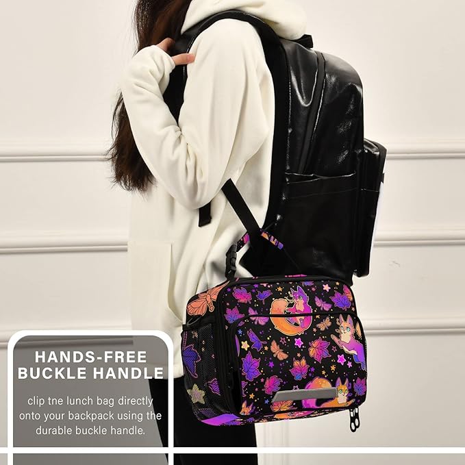 Psychedelic Fox Cat Lunch Box for Girls Purple Insulated Lunch Bag Kids Boys Cooler Tote Shoulder Strap Reusable School Travel Picnic
