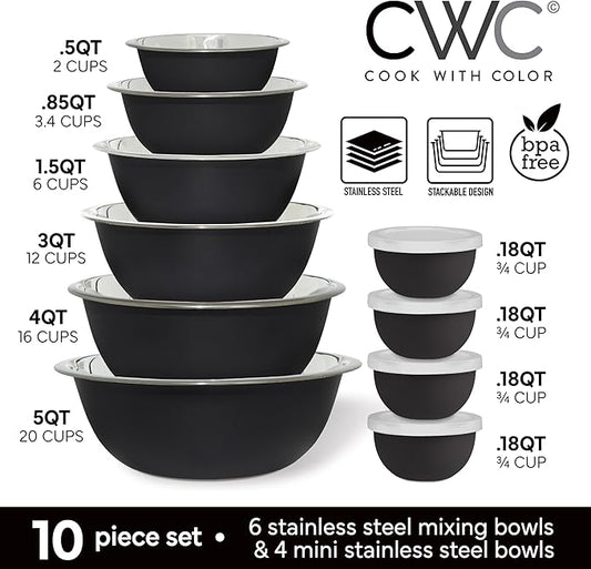 COOK WITH COLOR Stainless Steel Mixing Bowls Set - Nesting Bowls, 14 Pieces, Black