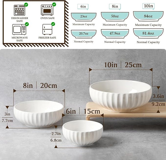 NUTRIUPS Serving Bowls, Nesting Bowls, 84/50/23oz Ceramic Salad Bowl for Cooking Baking, 10/8/6 in Microwavable & Oven Safe, Set of 3