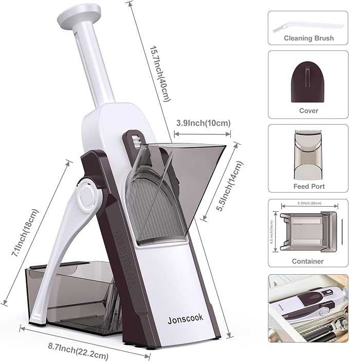 Safe Mandoline Slicer for Kitchen, Adjustable Thickness 0.1-8 mm, 5 in 1 Multi Vegetable Chopper, Potato Slicer, Food Chopper French Fry Cutte, with Paring Knife/Cleaning Brush, Mandolin (Brown)