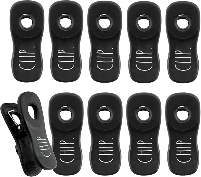 Rae Dunn Bag Clips with Magnet - Food Clips, Chip Clips, Bag Clips for Food Storage with Air Tight Seal Grip for Bread Bags, Snack Bags and Food Bags, Pack of 10, Black