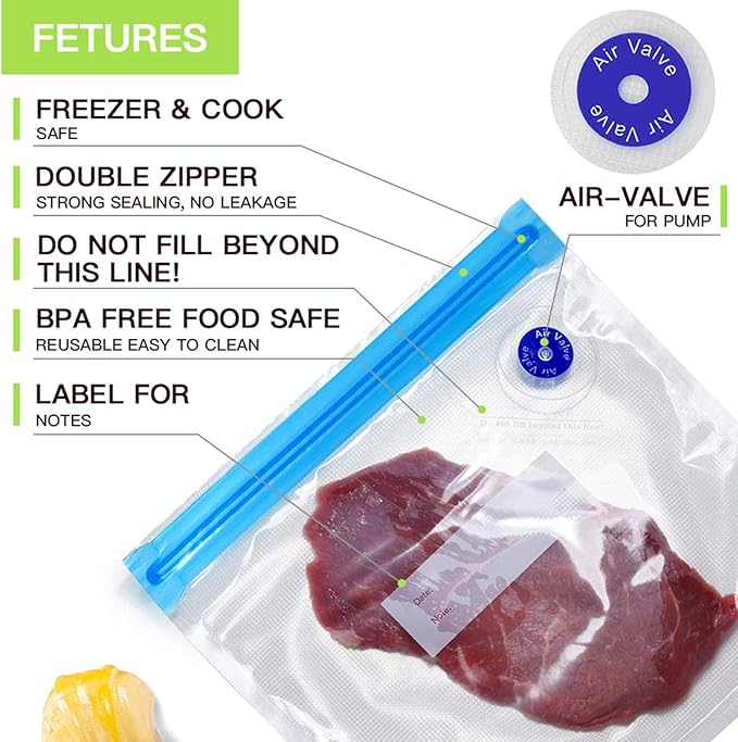 Sous Vide Bags Kit for Anova and Joule Cookers – 40 PCS Reusable Vacuum Food Storage Bags with Electric Pump, 2 Sealing Clips and 6 Sous Vide Clips – Ideal for Sous Vide Cooking and Food Freezer.