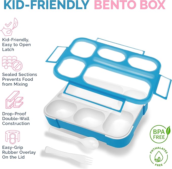 Bento Lunch Box Kids & Adult: Leakproof Containers for Boys & Girls with 6 Compartments - School, Daycare, Meal Planning Portion Control Container, BPA-Free Boxes, Utensils, Blue & Pink Set