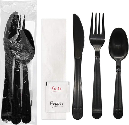 Party Essentials Individually Wrapped Black Plastic Cutlery Packets/Heavy Duty Silverware Kits, Fork/Spoon/Knife/Napkin/Salt/Pepper, 100 Sets