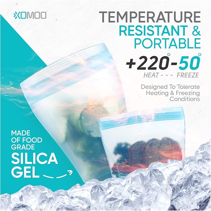 Reusable food container silicone bag, Upgrade second generation 6 Pcs Containers Storage, 100% Silicone Reusable Food Bag, Stand Up Preservation Bag, Rounded interior for easy cleaning.