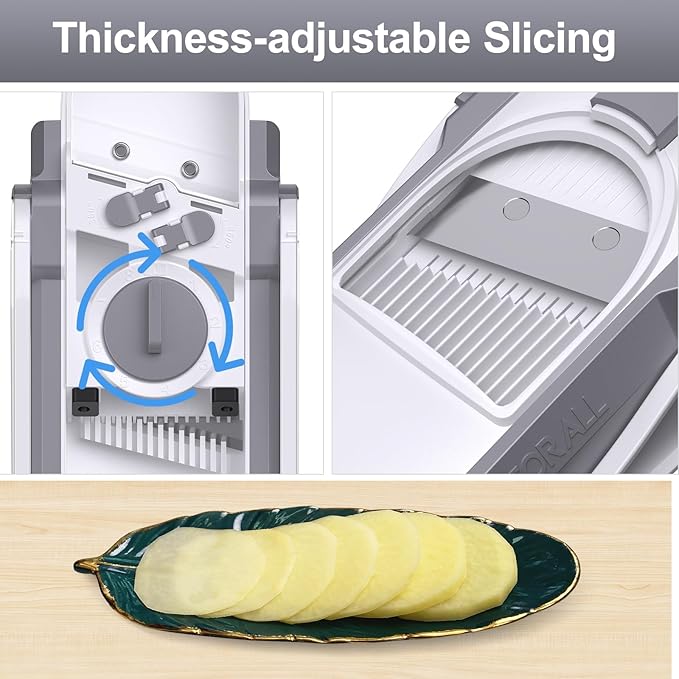 Safe Mandoline Slicer for Kitchen, Adjustable Thickness 0.1-8 mm, 5 in 1 Multi Vegetable Chopper, Potato Slicer, Food Chopper French Fry Cutte, with Paring Knife/Cleaning Brush, Mandolin (LightGrey)