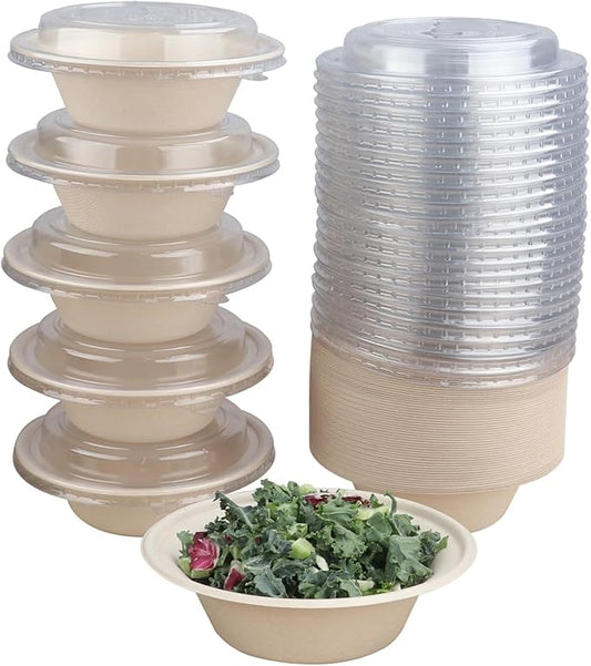 12 oz Round Disposable salad bowls with lids, Sugarcane Fiber Paper Bowls Plant Fibers Freezer Safe 50 Pack