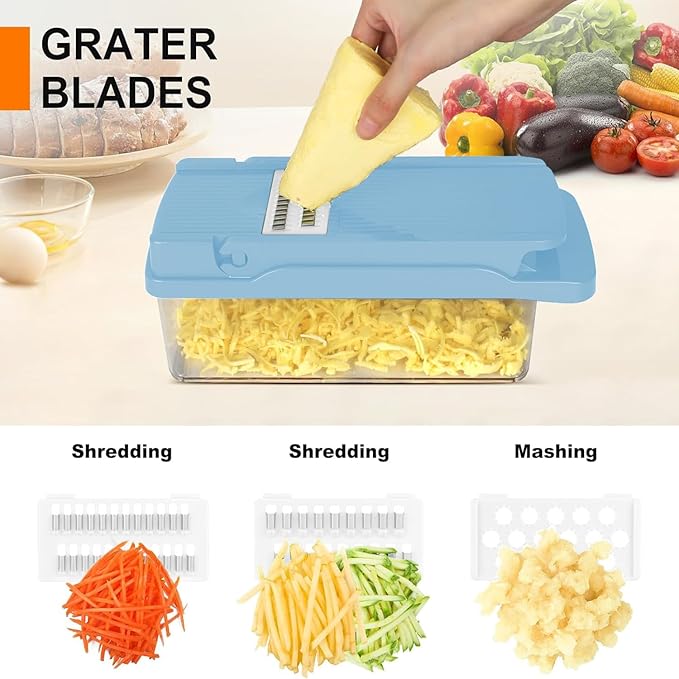 Vegetable Chopper,Food Chopper,Pro 12 in1 Multifunctional Onion Veggie Chopper,Vegetable Chopper With Container,Vegetable Slicer Dicer Cutter,Mandoline Slicer,Salad,Garlic (Blue)