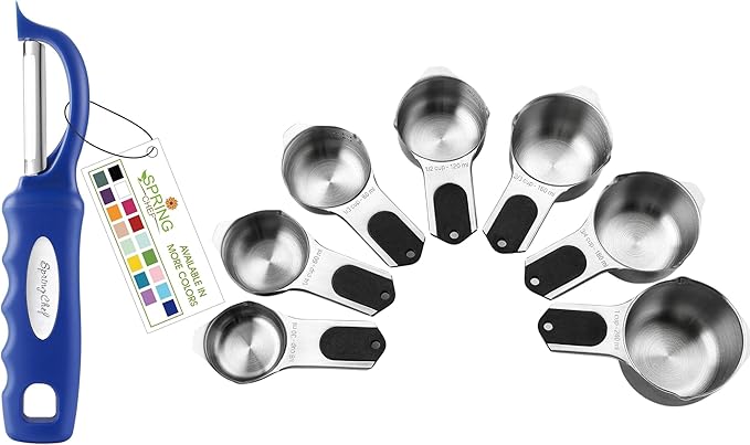 Spring Chef Premium Swivel Vegetable Peeler, Sapphire & Stainless Steel Magnetic Measuring Cups, Set of 7, Black - 2 Product Bundle