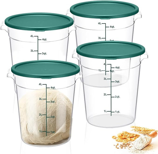 Suclain 4 Pcs 4 Qt Food Storage Container Bucket with Lids Clear Proofing Containers for Dough Rise Bread with Scale Handle Round Flour Commercial Storage Bucket for Home Restaurant Food(Green)