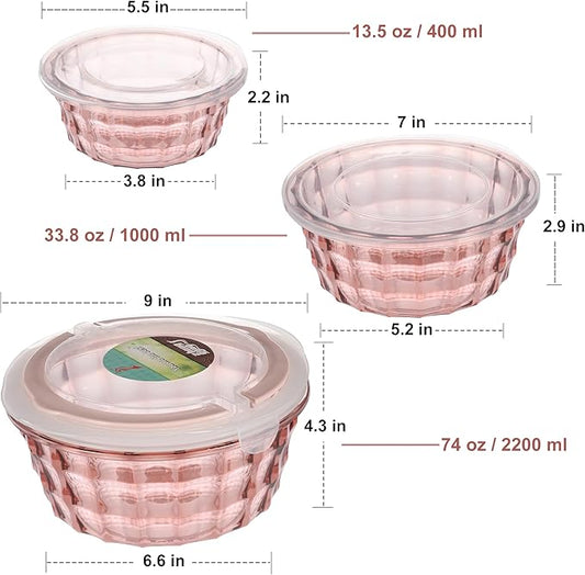Taiuloo Set of 3 Salad Bowls with Lids, Food Storage Bowls with Lids & Handles, Meal Prep Nesting Bowls for Lunch, BPA Free Food Storage Containers, Plastic Salad Serving Bowl Set, Pink