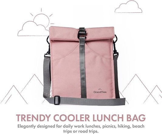 GRANDTIES Insulated Lunch Bag for Women, Men, Adults - Rolltop Leak Proof Meal Prep Lunch Box Containers, Reusable Snack Bags, Travel Cooler, Small Soft Cooler Bag, Fold Top Sandwich Bags, Pink