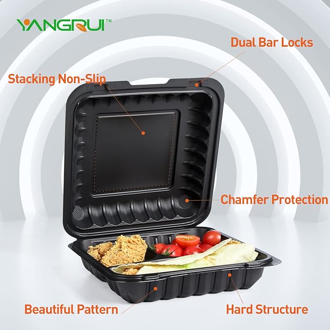 YANGRUI To Go Containers, Reusable 65 Pack 7.8 Inch BPA Free Black Clamshell Food Container 30 oz Shrink Wrap 3 Compartment Freezer and Microwave Safe MFPP Take Out Boxes