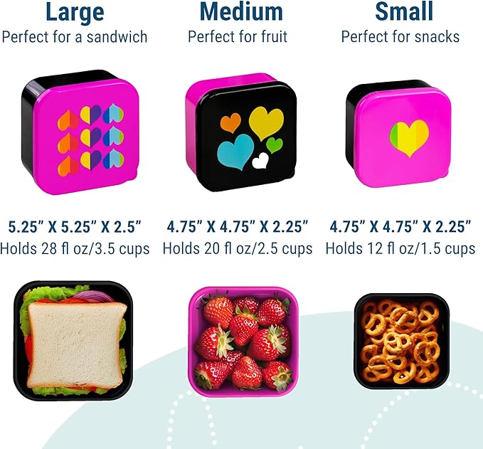 Wildkin Nesting Food Containers for Kids – Stackable, Airtight & Dishwasher Safe - Set of 3 - Rainbow Hearts