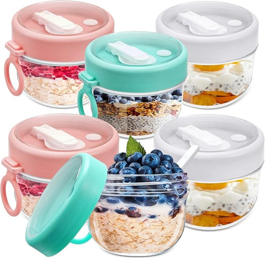 Rtteri 6 Pcs 20 oz Large Overnight Oats Containers with Lids and Spoons Plastic Yogurt Jars Leakproof Overnight Oats Jars with Lids Smoothie Containers Cups for Food Storage, 3 Colors