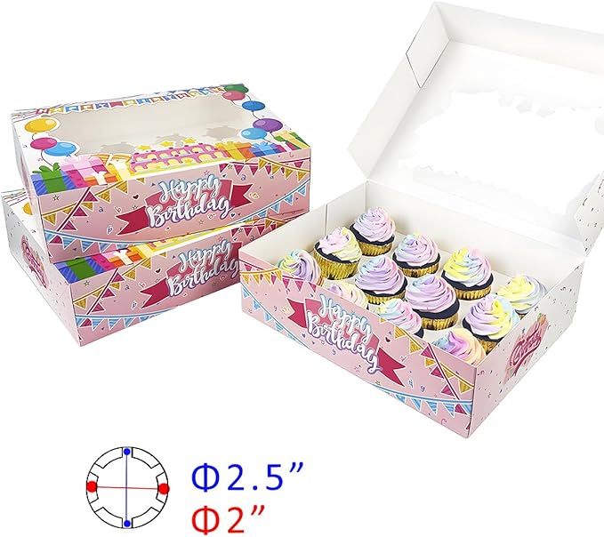qiqee Birthday 16 Packs 12 Cupcake Boxes with Window, 13"x10"x3.5" Bakery Boxes for Cupcakes, 12 Cupcake Carriers