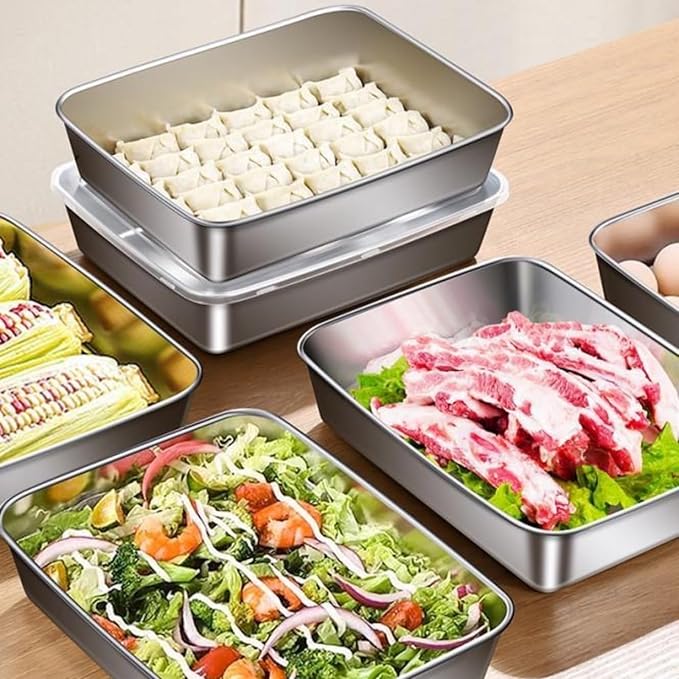 6Pcs Meal Prep Food Containers with Lids, Stainless Steel Trays Freezer Box Containers for Food with Airtight Lids, Oven & Dishwaher Safe(2200ML)