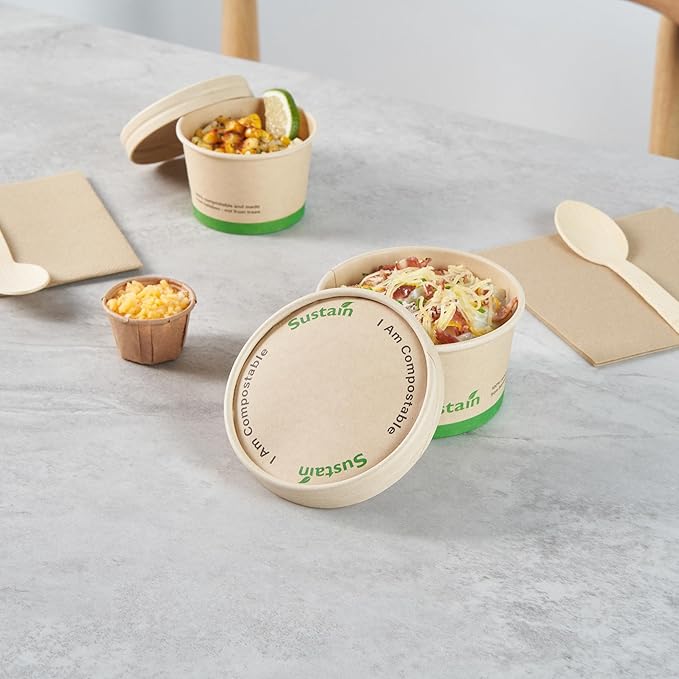 LIDS ONLY: Sustain Round Paper Soup Container Lids, 200 Disposable Ice Cream Cup Lids - Cups Sold Separately, For 8 Ounce Cups, Bamboo To Go Cup Lids, With PLA lining, Compostable - Restaurantware