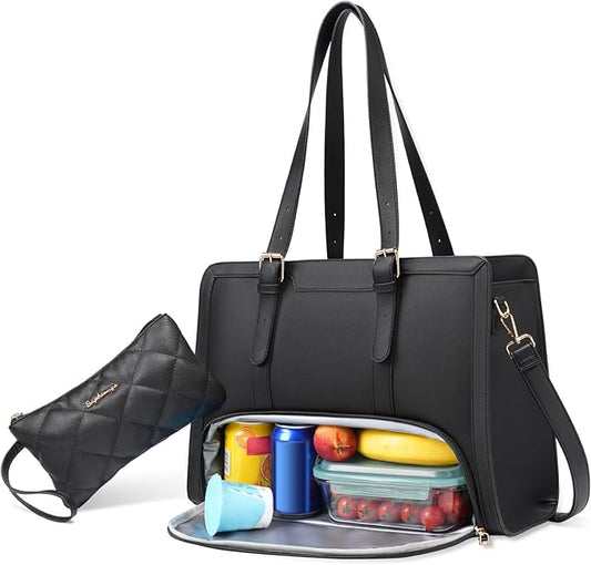 Lunch Tote Bag for Women, 15.6 Inch Laptop Bag with Insulated Lunch Compartment,Black