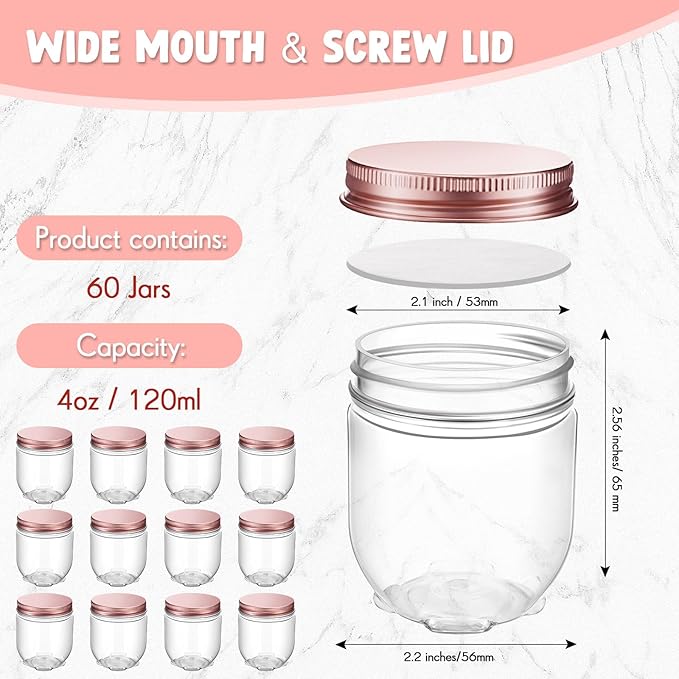 Tanlade 60 Pcs 4 oz Clear Plastic Wide Mouth Mason Jars with Lids Small Honey Jar Mini Storage Containers Bulk for Herb Jelly Butter Wedding Favors Shower Party(Rose Gold)