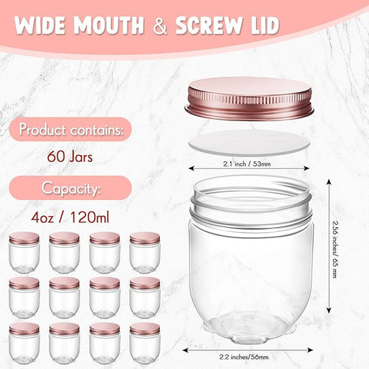 Tanlade 60 Pcs 4 oz Clear Plastic Wide Mouth Mason Jars with Lids Small Honey Jar Mini Storage Containers Bulk for Herb Jelly Butter Wedding Favors Shower Party(Rose Gold)