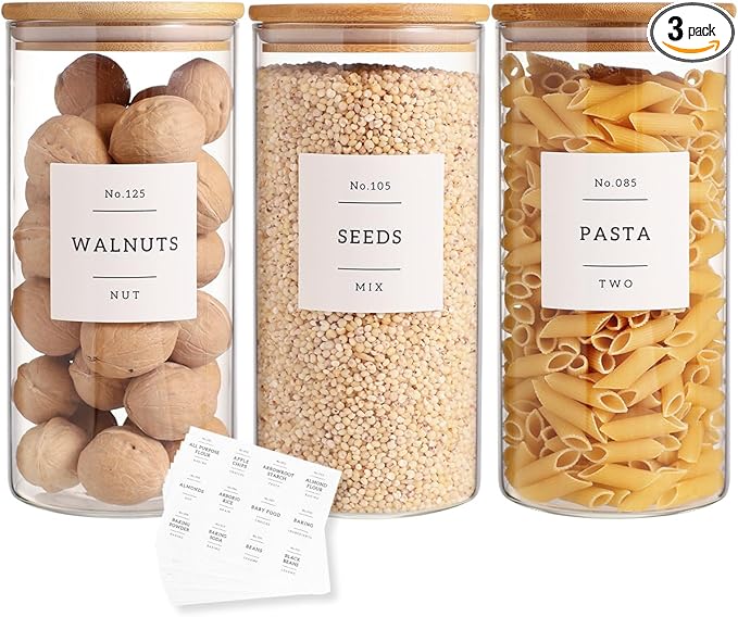 3 Pack Glass Jar with Airtight Bamboo Lid and White 132 Kichen Pantry Labels Preprinted - 44 Oz Clear Tall Glass Food Storage Containers set For Cereal Rice Oat Sugar Tea Coffee Beans