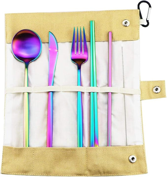 Reusable Travel Utensils, 7 Piece Portable 304 Stainless Steel including Knife Fork Spoon Chopsticks Cleaning Brush Straws Portable Pouch, Eco-friendly Camping Silverware Set, Dishwasher Safe