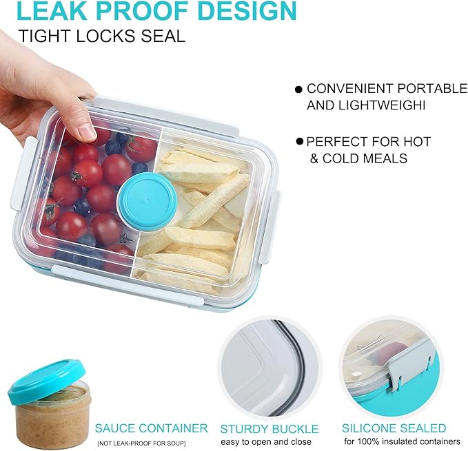 Shopwithgreen 47-oz Bento Box with Removable Tray & Dressing Pots, Food Prep Storage Containers with Lids, Coastal Aqua