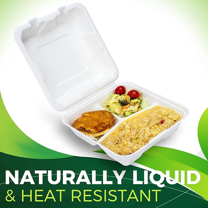 75 Pack Clamshell To Go Containers (3 Compartment - 8”x8”), Heavy Duty Disposable Take Out Containers with Lids, 100% Composatble Made of Plant Fiber, White